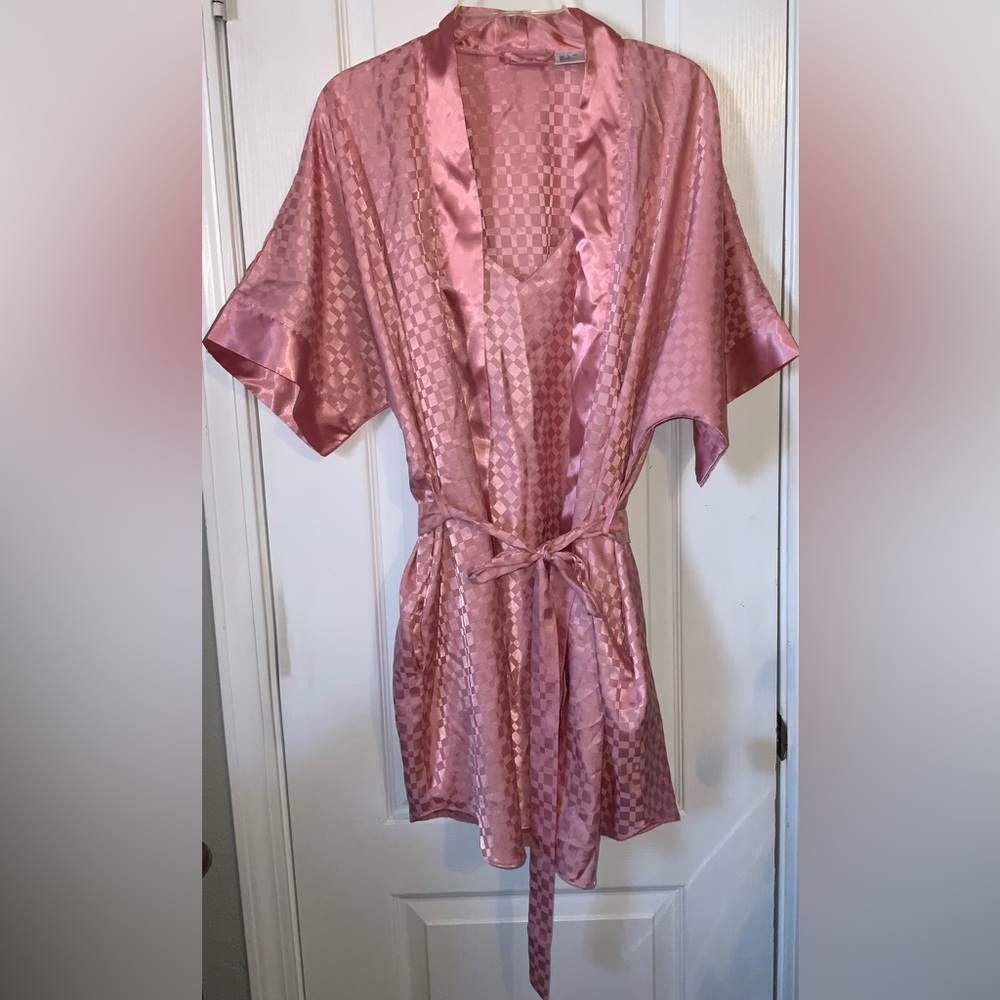 Sleep Solutions Pink Satin Kimono Robe + Slip Set Vintage Size L